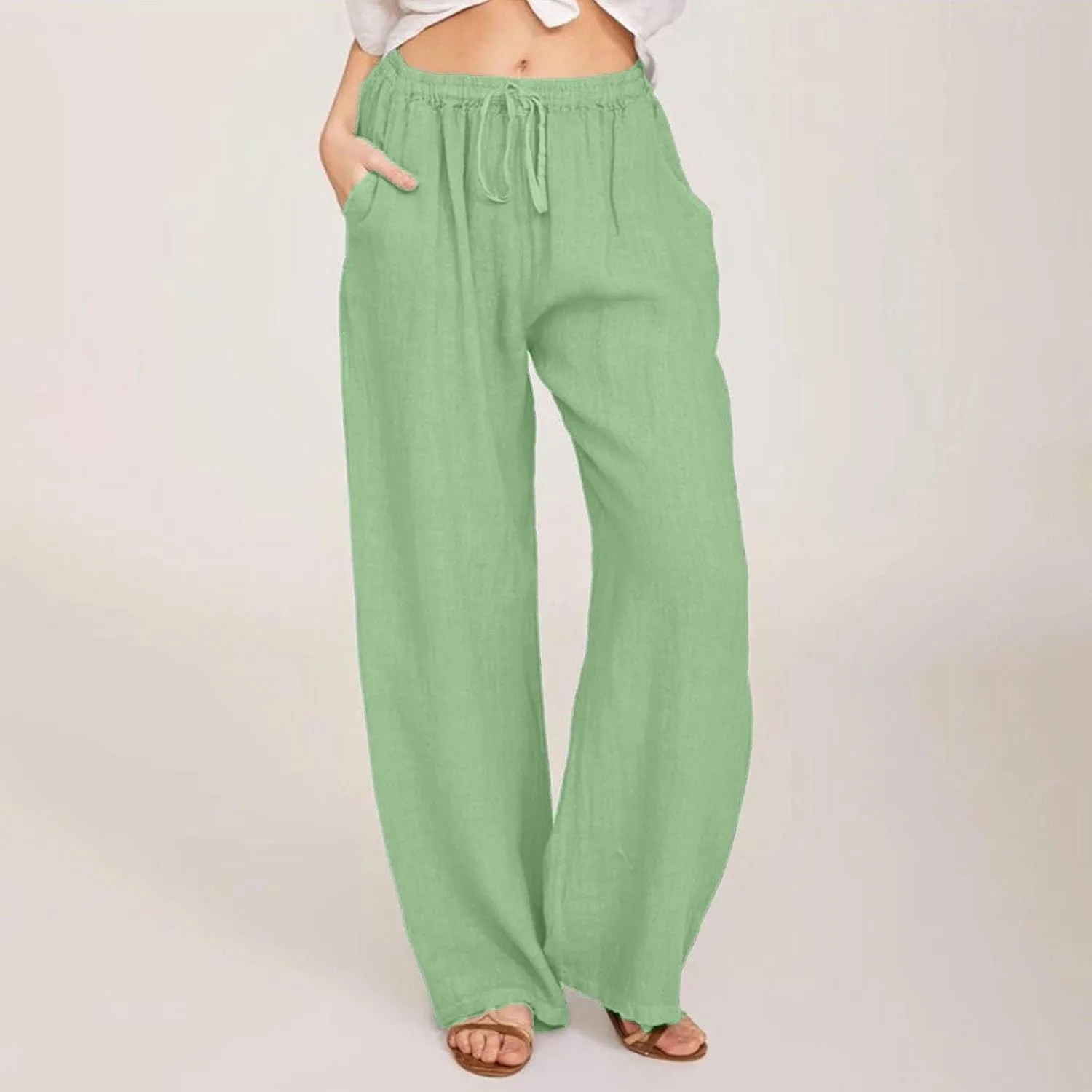 Linen Pants Women Casual Summer Drawstring Waist Wide Leg Pants with Pockets Baggy Lightweight Beach Trousers