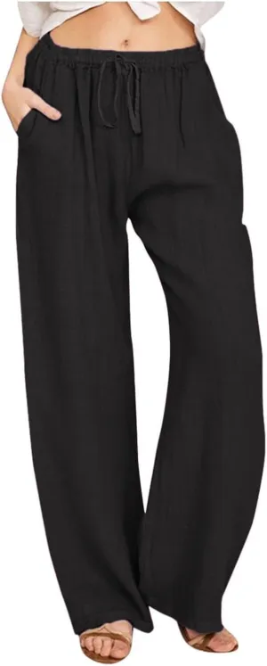 Linen Pants Women Casual Summer Drawstring Waist Wide Leg Pants with Pockets Baggy Lightweight Beach Trousers