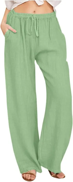 Linen Pants Women Casual Summer Drawstring Waist Wide Leg Pants with Pockets Baggy Lightweight Beach Trousers