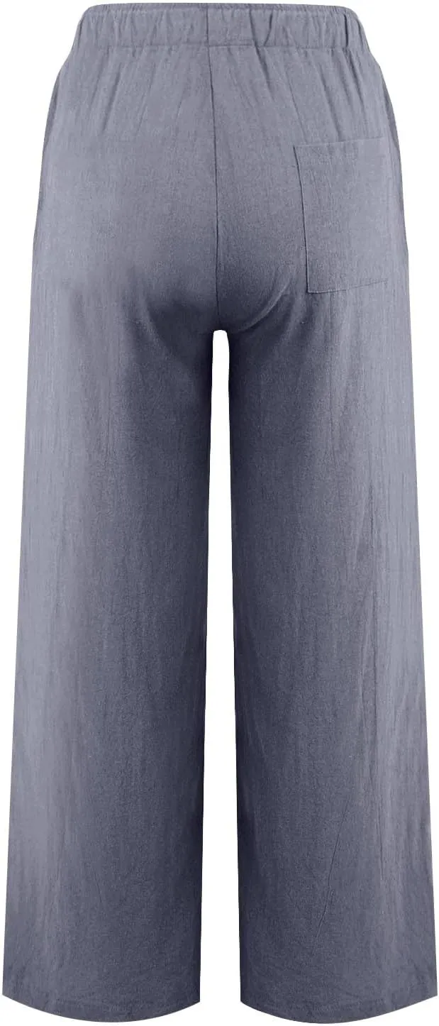 Linen Pants Women Casual Summer Drawstring Waist Wide Leg Pants with Pockets Baggy Lightweight Beach Trousers