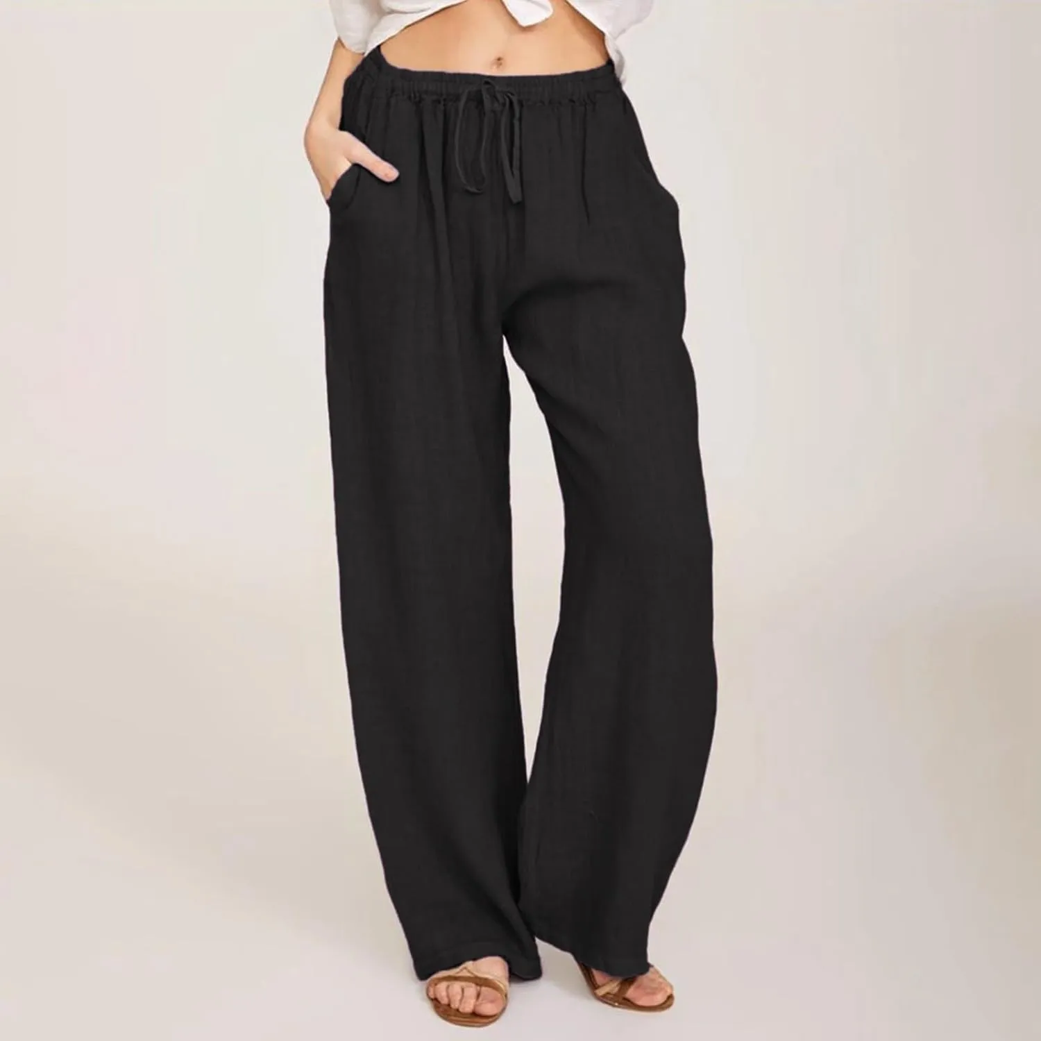 Linen Pants Women Casual Summer Drawstring Waist Wide Leg Pants with Pockets Baggy Lightweight Beach Trousers