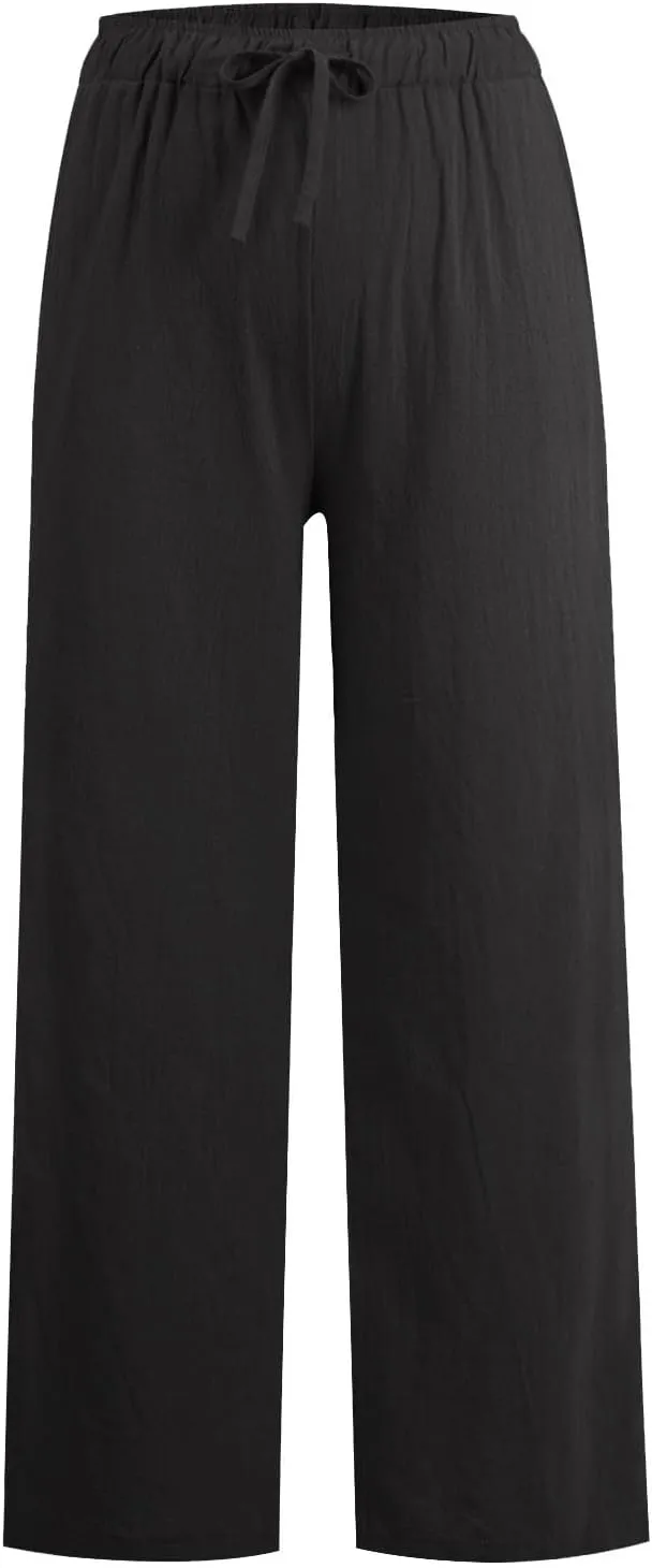 Linen Pants Women Casual Summer Drawstring Waist Wide Leg Pants with Pockets Baggy Lightweight Beach Trousers