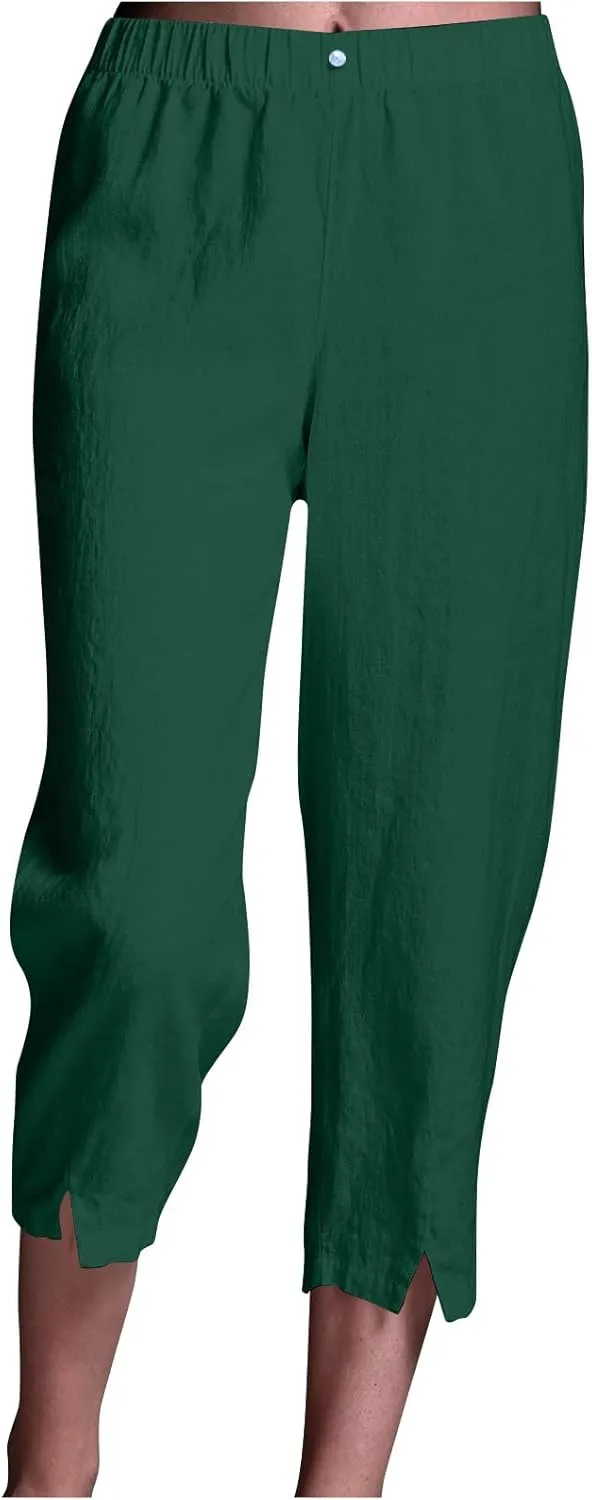 Linen Pants Women Lightweight Summer Casual Straight Leg Capri Pant with Pockets Elastic High Waisted Trousers