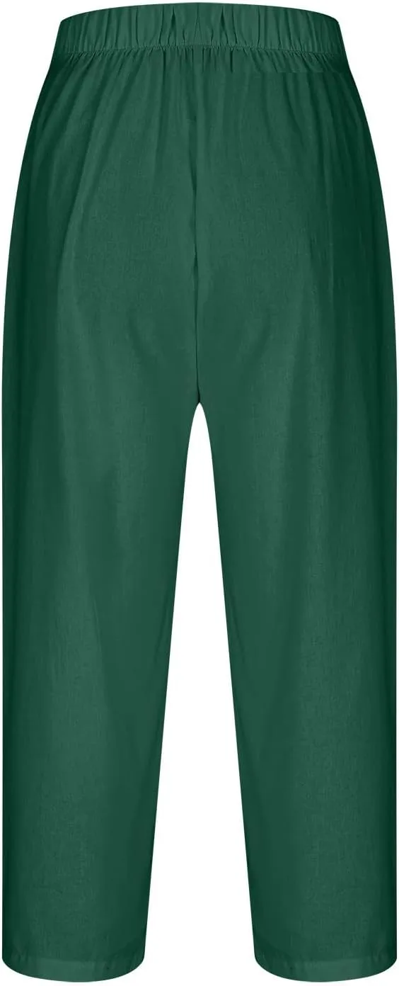 Linen Pants Women Lightweight Summer Casual Straight Leg Capri Pant with Pockets Elastic High Waisted Trousers