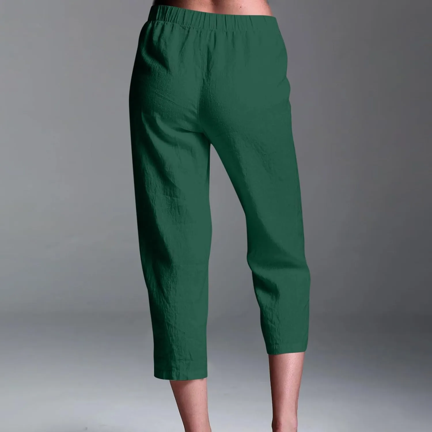 Linen Pants Women Lightweight Summer Casual Straight Leg Capri Pant with Pockets Elastic High Waisted Trousers