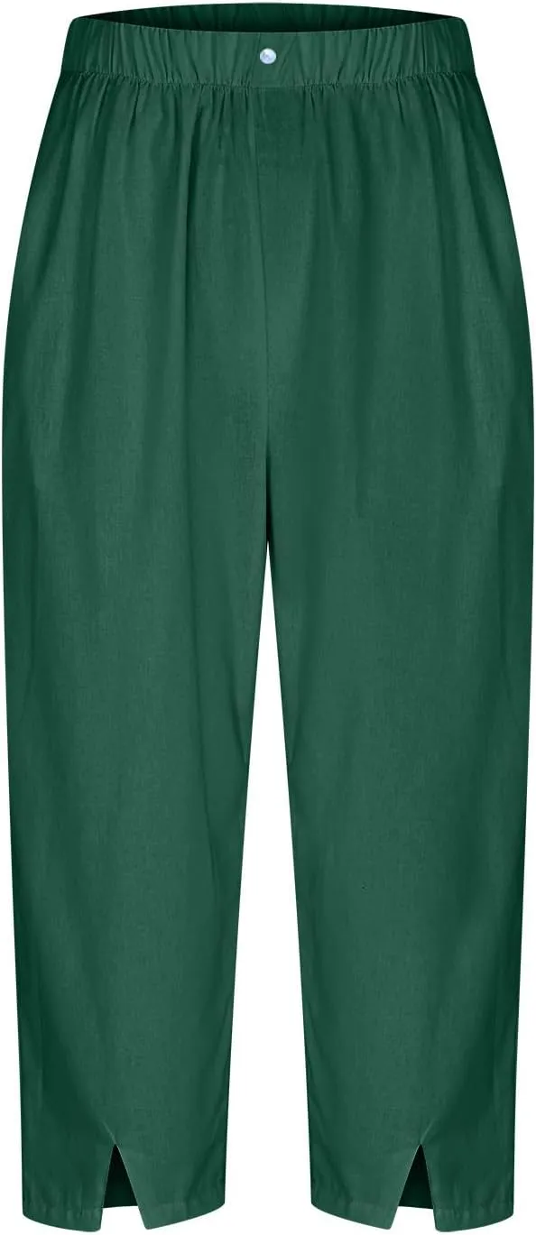 Linen Pants Women Lightweight Summer Casual Straight Leg Capri Pant with Pockets Elastic High Waisted Trousers