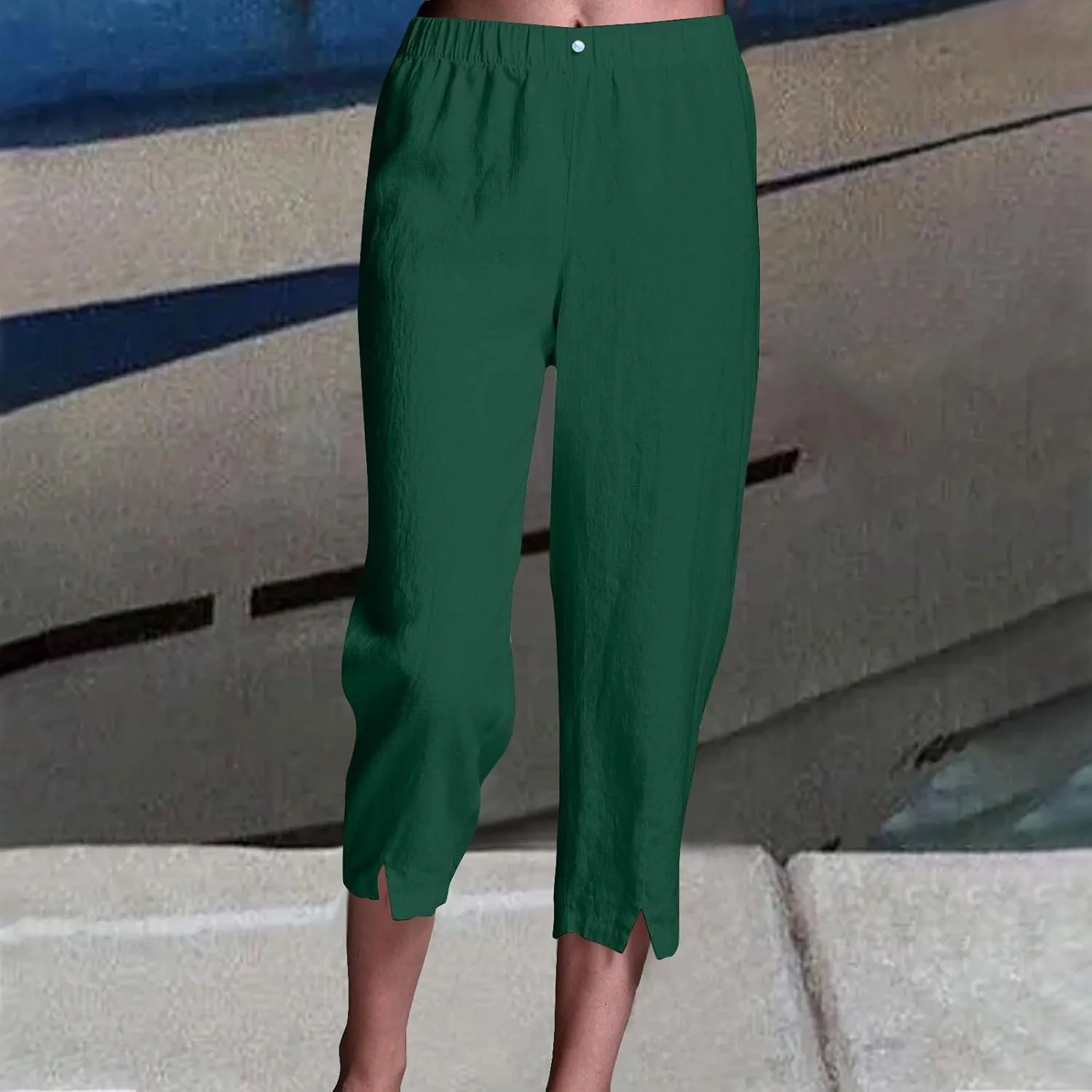Linen Pants Women Lightweight Summer Casual Straight Leg Capri Pant with Pockets Elastic High Waisted Trousers