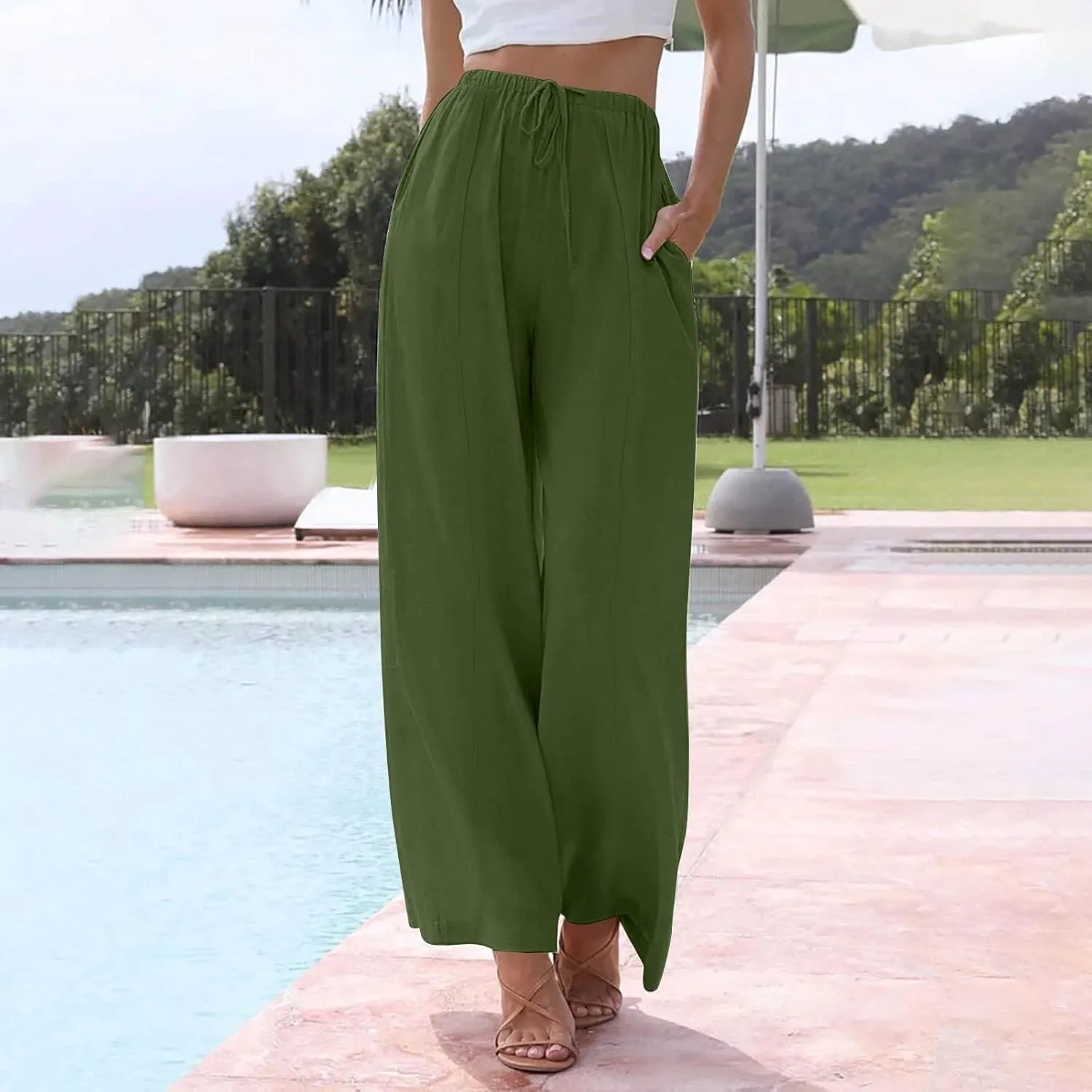Linen Pants Women Summer Beach Outfits 2025 Solid High Waist Pants with Pockets Lightweight Beach Trousers Casual Sweatpants