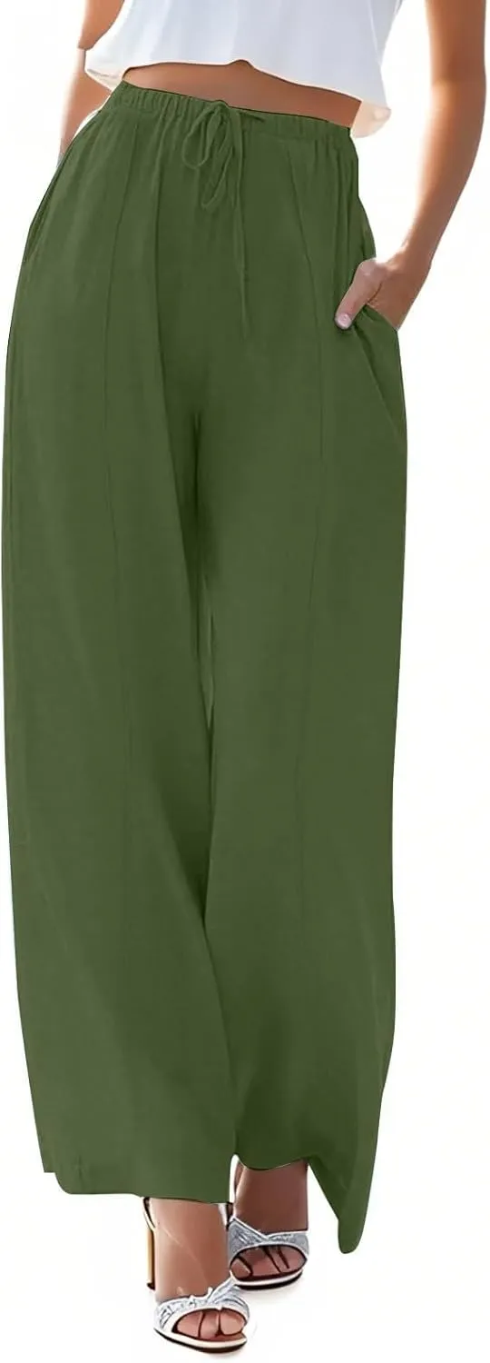 Linen Pants Women Summer Beach Outfits 2025 Solid High Waist Pants with Pockets Lightweight Beach Trousers Casual Sweatpants