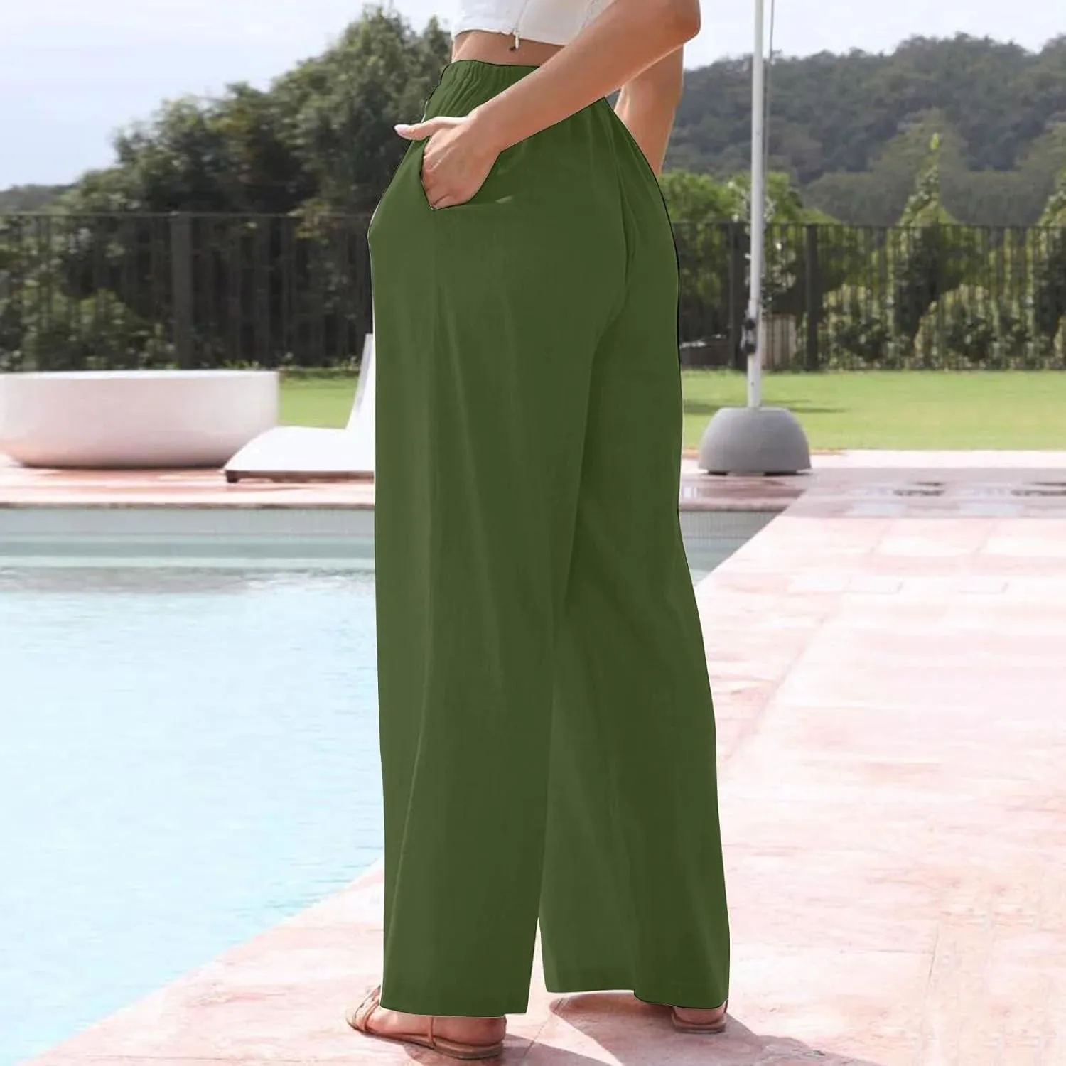 Linen Pants Women Summer Beach Outfits 2025 Solid High Waist Pants with Pockets Lightweight Beach Trousers Casual Sweatpants