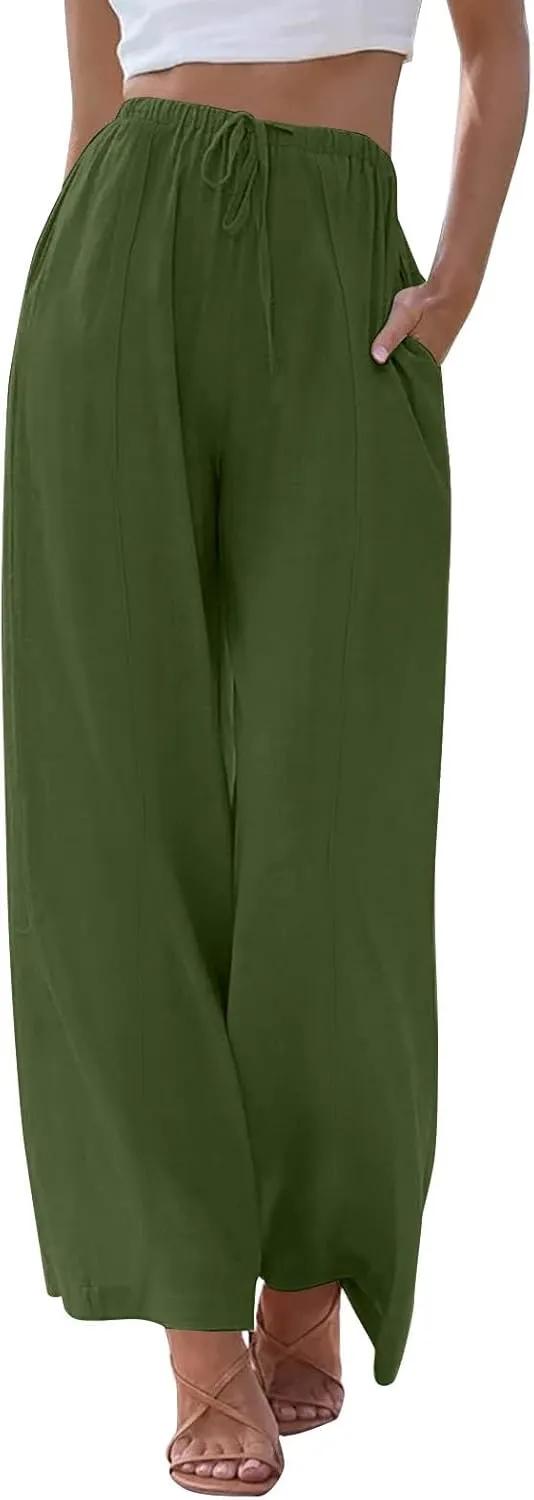 Linen Pants Women Summer Beach Outfits 2025 Solid High Waist Pants with Pockets Lightweight Beach Trousers Casual Sweatpants