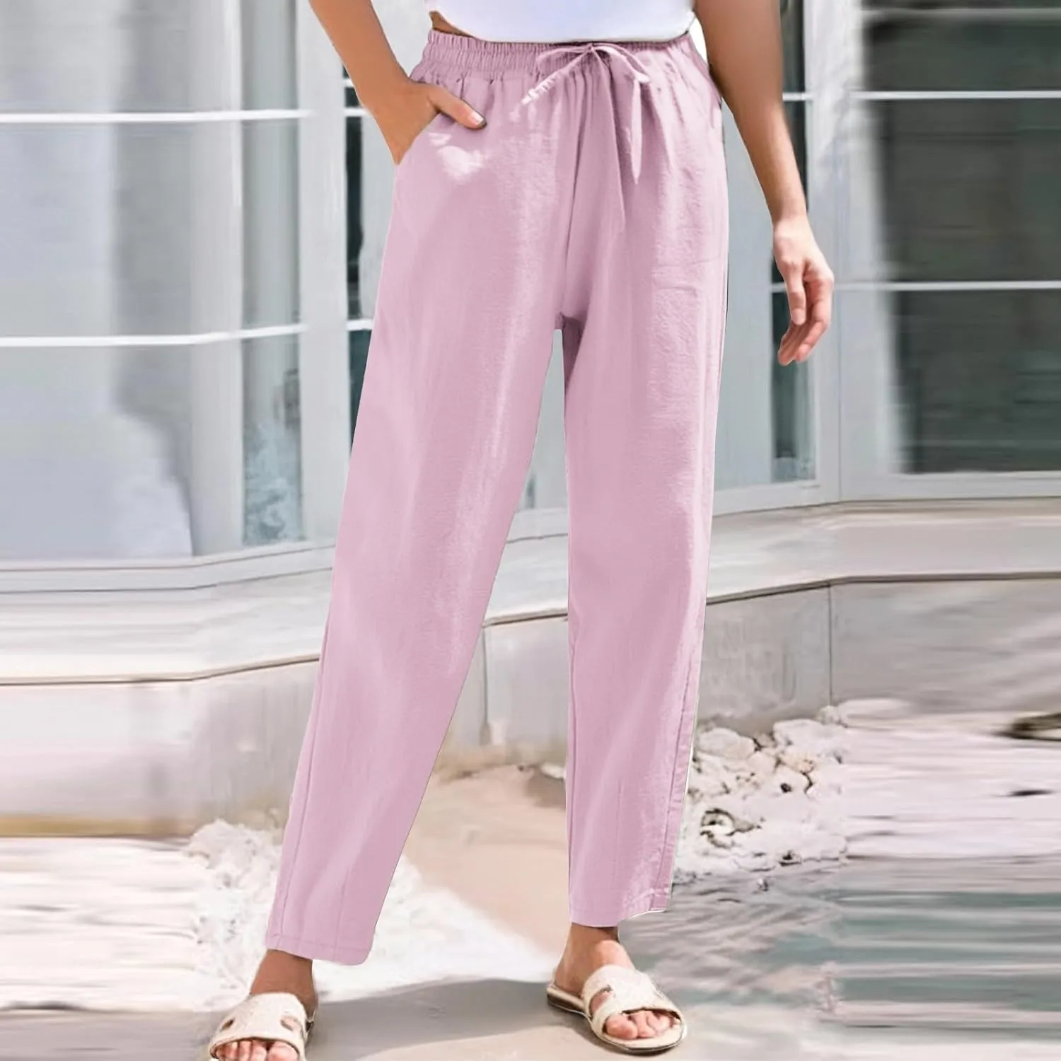 Linen Pants Women Summer Casual High Waisted Straight Leg Beach Pants Drawstring Pants Trousers with Pockets