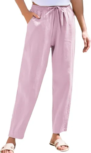 Linen Pants Women Summer Casual High Waisted Straight Leg Beach Pants Drawstring Pants Trousers with Pockets