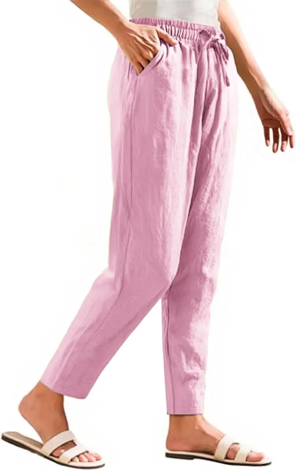 Linen Pants Women Summer Casual High Waisted Straight Leg Beach Pants Drawstring Pants Trousers with Pockets