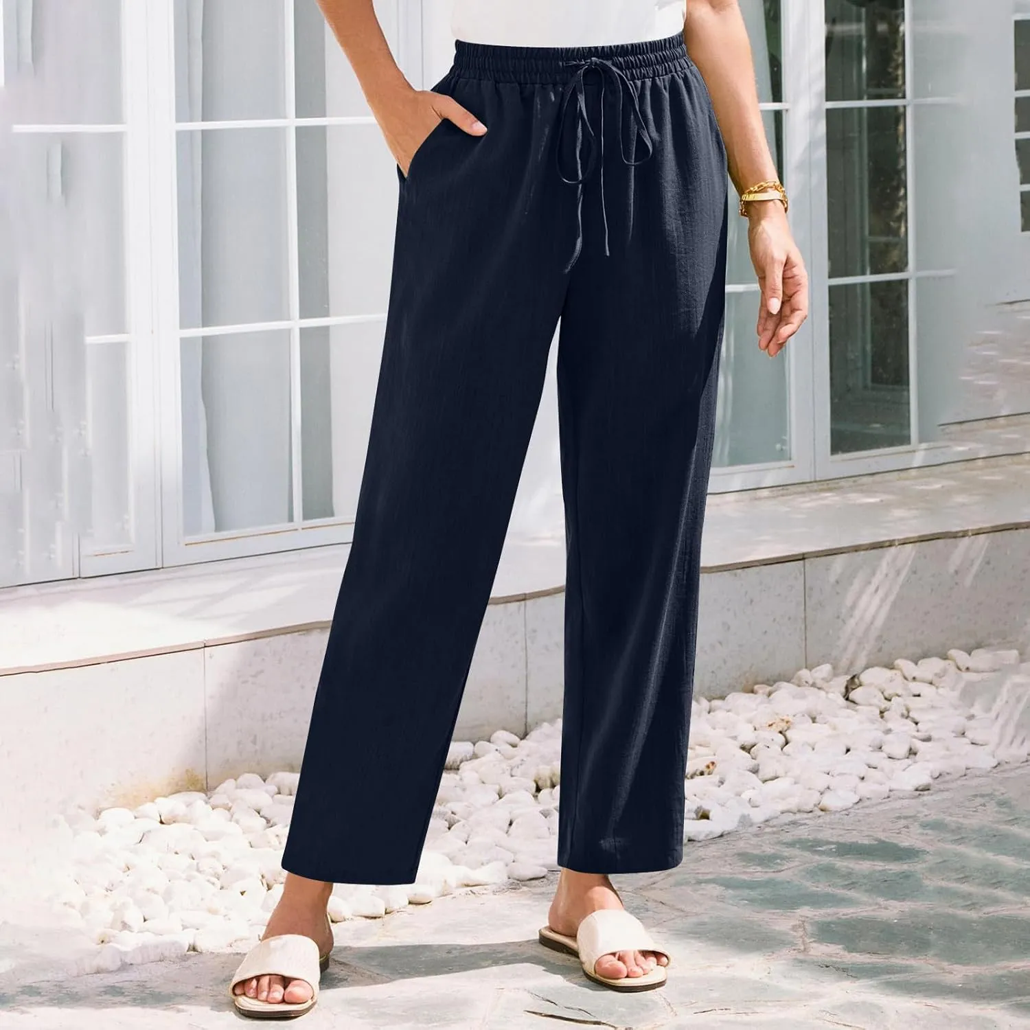 Linen Pants Women Trendy 2025 Casual Summer High Waisted Drawstring Lounge Trousers Straight Leg Pant with Pockets