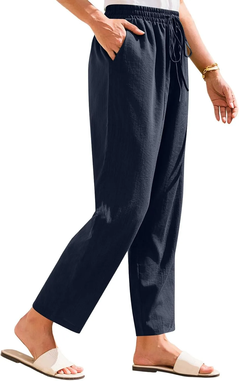 Linen Pants Women Trendy 2025 Casual Summer High Waisted Drawstring Lounge Trousers Straight Leg Pant with Pockets