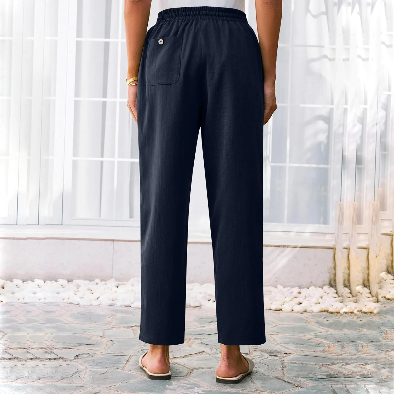 Linen Pants Women Trendy 2025 Casual Summer High Waisted Drawstring Lounge Trousers Straight Leg Pant with Pockets