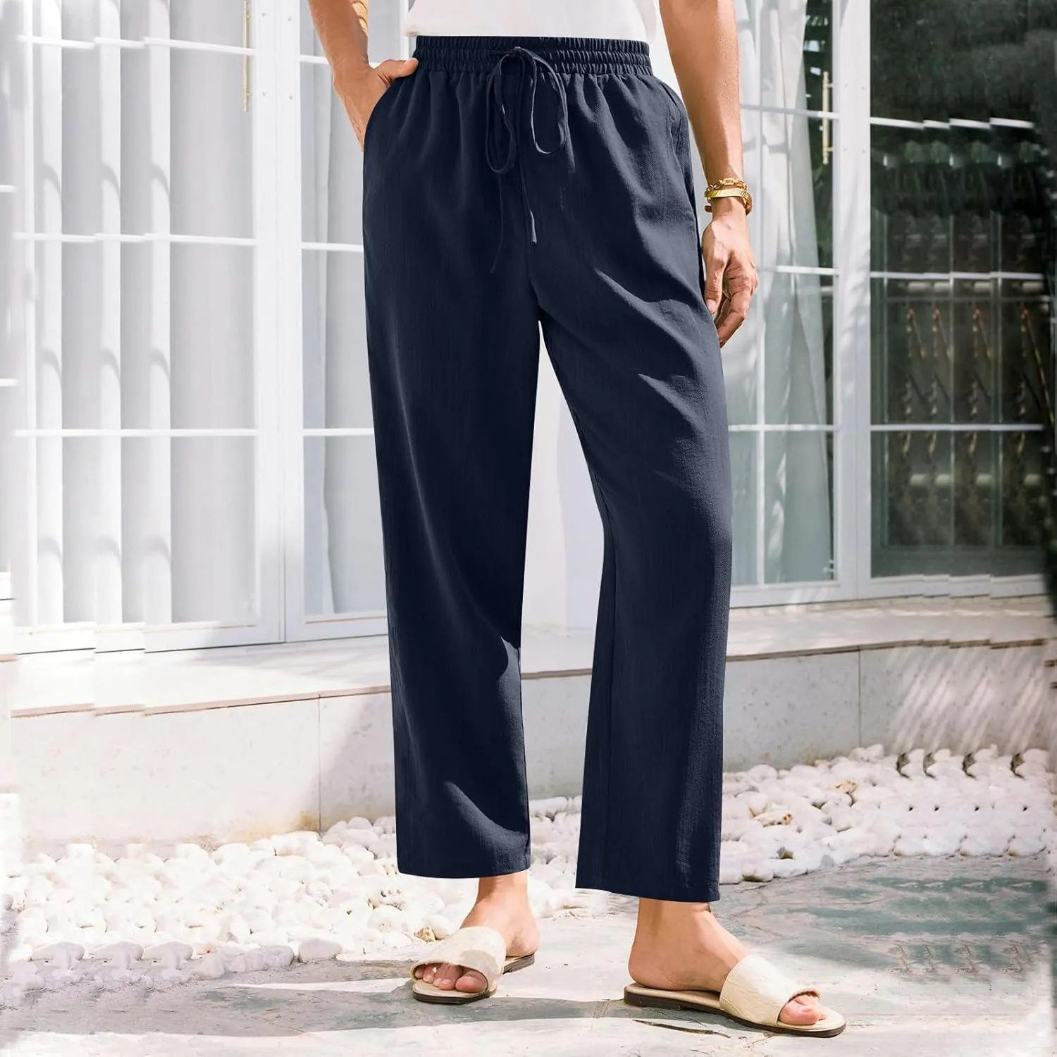 Linen Pants Women Trendy 2025 Casual Summer High Waisted Drawstring Lounge Trousers Straight Leg Pant with Pockets