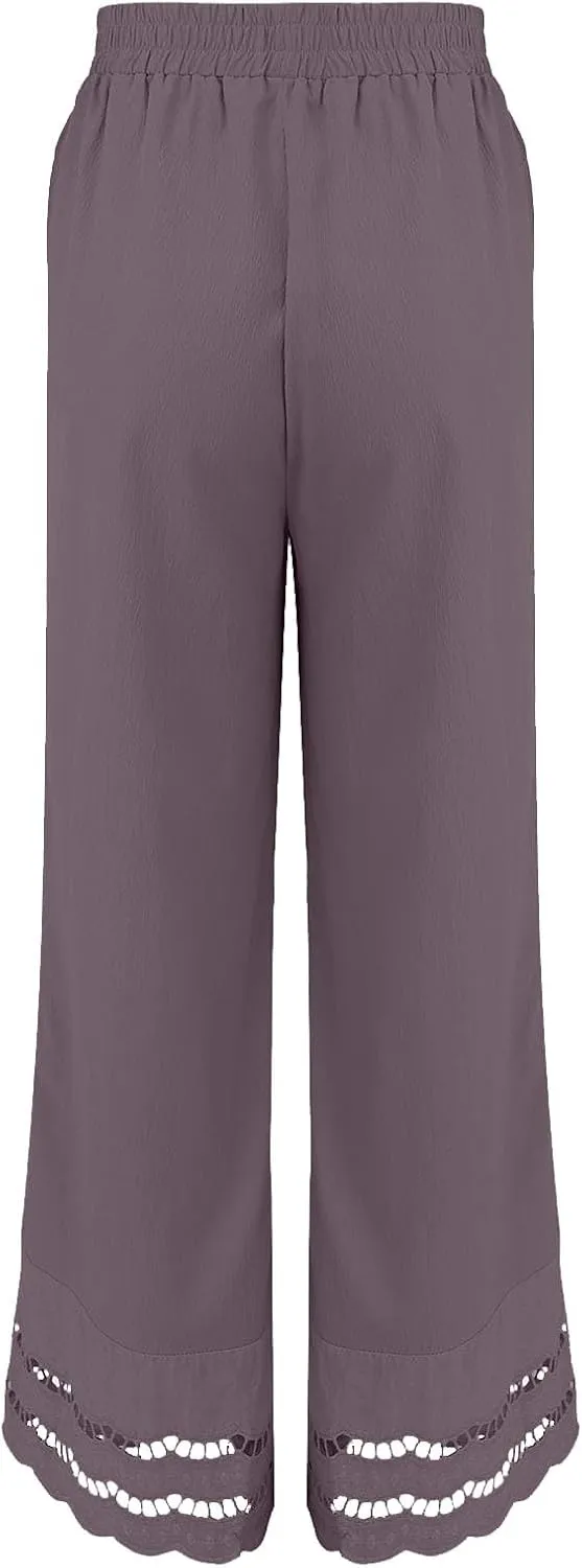 Linen Pants Women Wide Leg Cropped Lounge Trousers Drawstring Elastic Waist Summer Boho Palazzo Flowy Pant Outfits