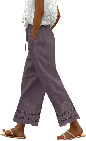 Linen Pants Women Wide Leg Cropped Lounge Trousers Drawstring Elastic Waist Summer Boho Palazzo Flowy Pant Outfits