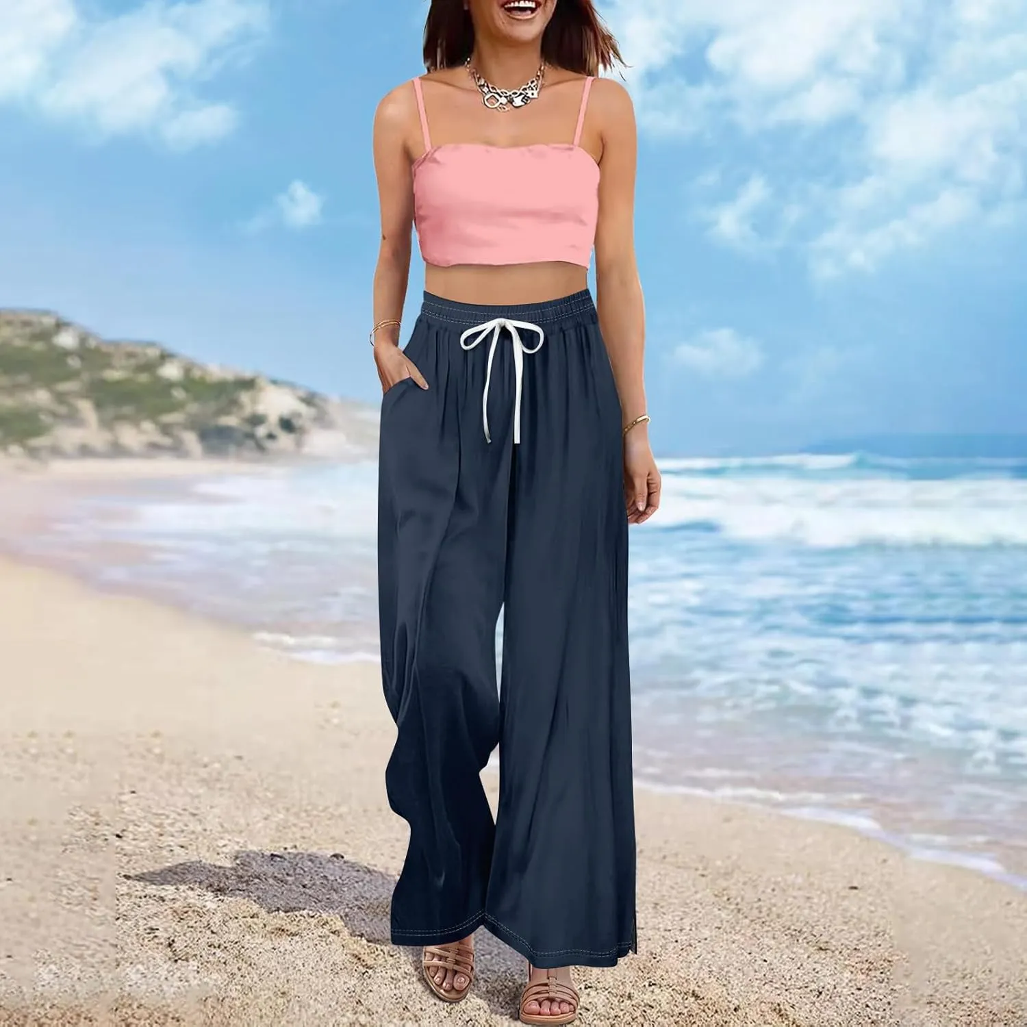 Linen Pants Women Wide Leg Summer High Waist Flowy Casual Trousers Loose Lounge Beach Travel Vacation 2025