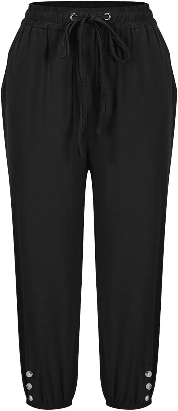 Linen Trousers for Women Beach Vacation Outfits 2025 Drawstring Pants with Pockets Button Decorations Flowy Solid Sweatpants