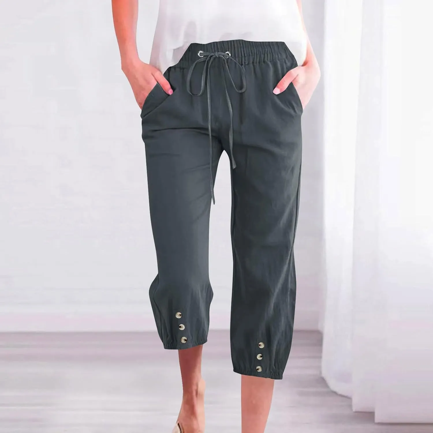 Linen Trousers for Women Beach Vacation Outfits 2025 Drawstring Pants with Pockets Button Decorations Flowy Solid Sweatpants