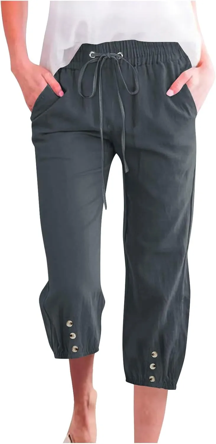 Linen Trousers for Women Beach Vacation Outfits 2025 Drawstring Pants with Pockets Button Decorations Flowy Solid Sweatpants