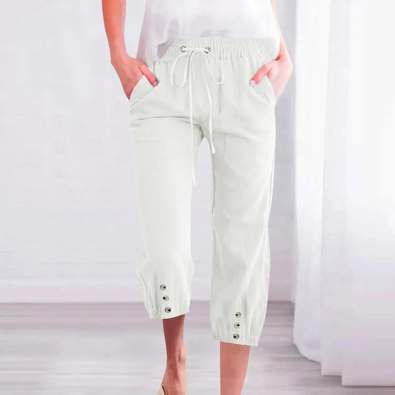 Linen Trousers for Women Beach Vacation Outfits 2025 Drawstring Pants with Pockets Button Decorations Flowy Solid Sweatpants