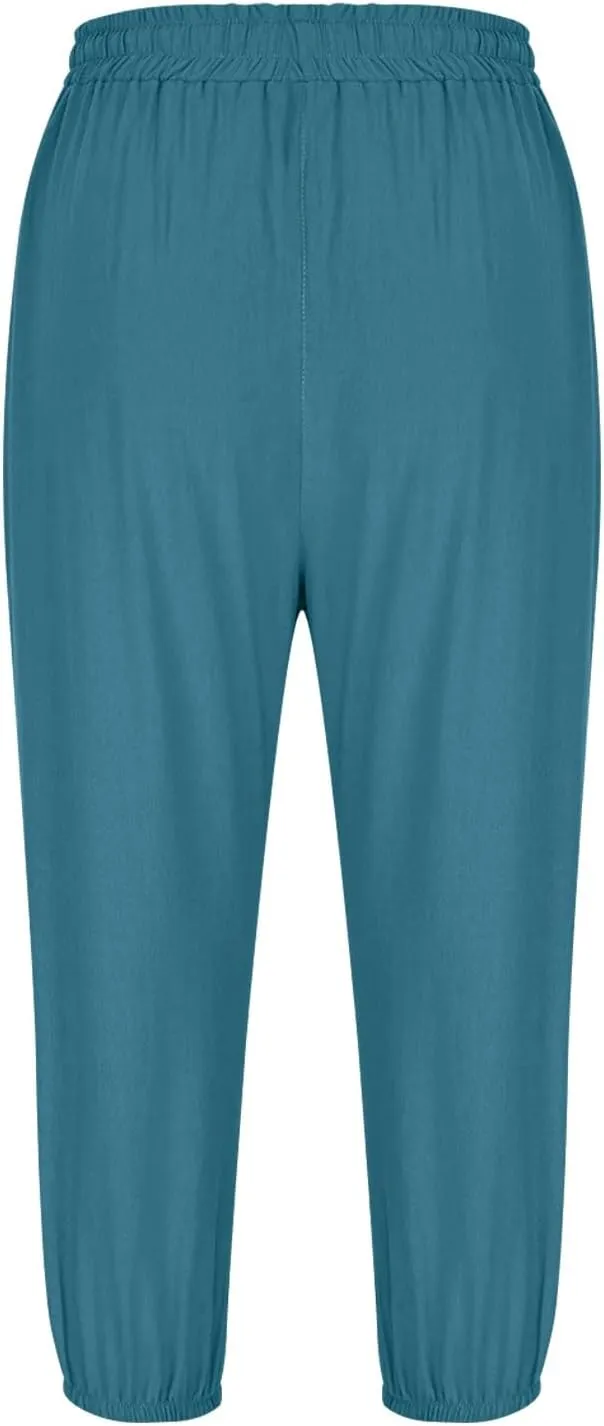 Linen Trousers for Women Beach Vacation Outfits 2025 Drawstring Pants with Pockets Button Decorations Flowy Solid Sweatpants