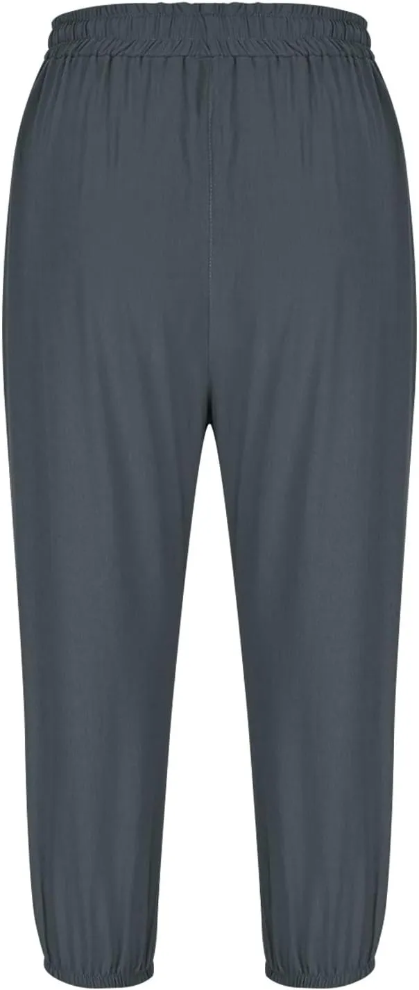 Linen Trousers for Women Beach Vacation Outfits 2025 Drawstring Pants with Pockets Button Decorations Flowy Solid Sweatpants