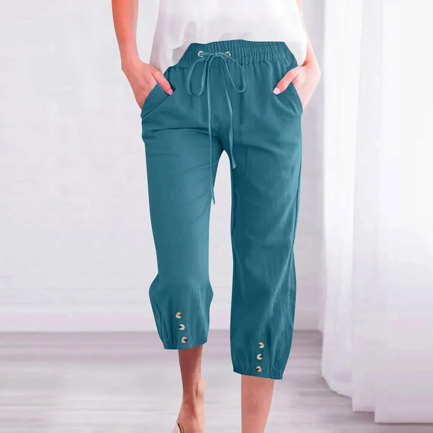 Linen Trousers for Women Beach Vacation Outfits 2025 Drawstring Pants with Pockets Button Decorations Flowy Solid Sweatpants