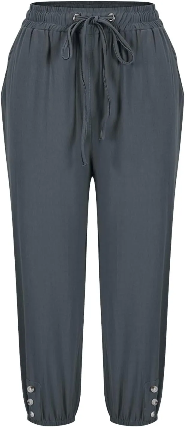 Linen Trousers for Women Beach Vacation Outfits 2025 Drawstring Pants with Pockets Button Decorations Flowy Solid Sweatpants