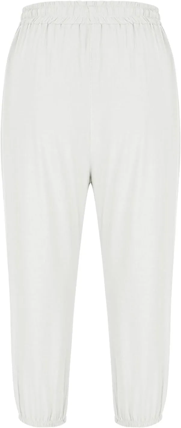 Linen Trousers for Women Beach Vacation Outfits 2025 Drawstring Pants with Pockets Button Decorations Flowy Solid Sweatpants
