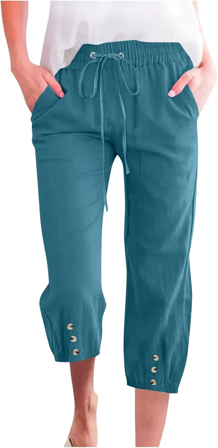 Linen Trousers for Women Beach Vacation Outfits 2025 Drawstring Pants with Pockets Button Decorations Flowy Solid Sweatpants