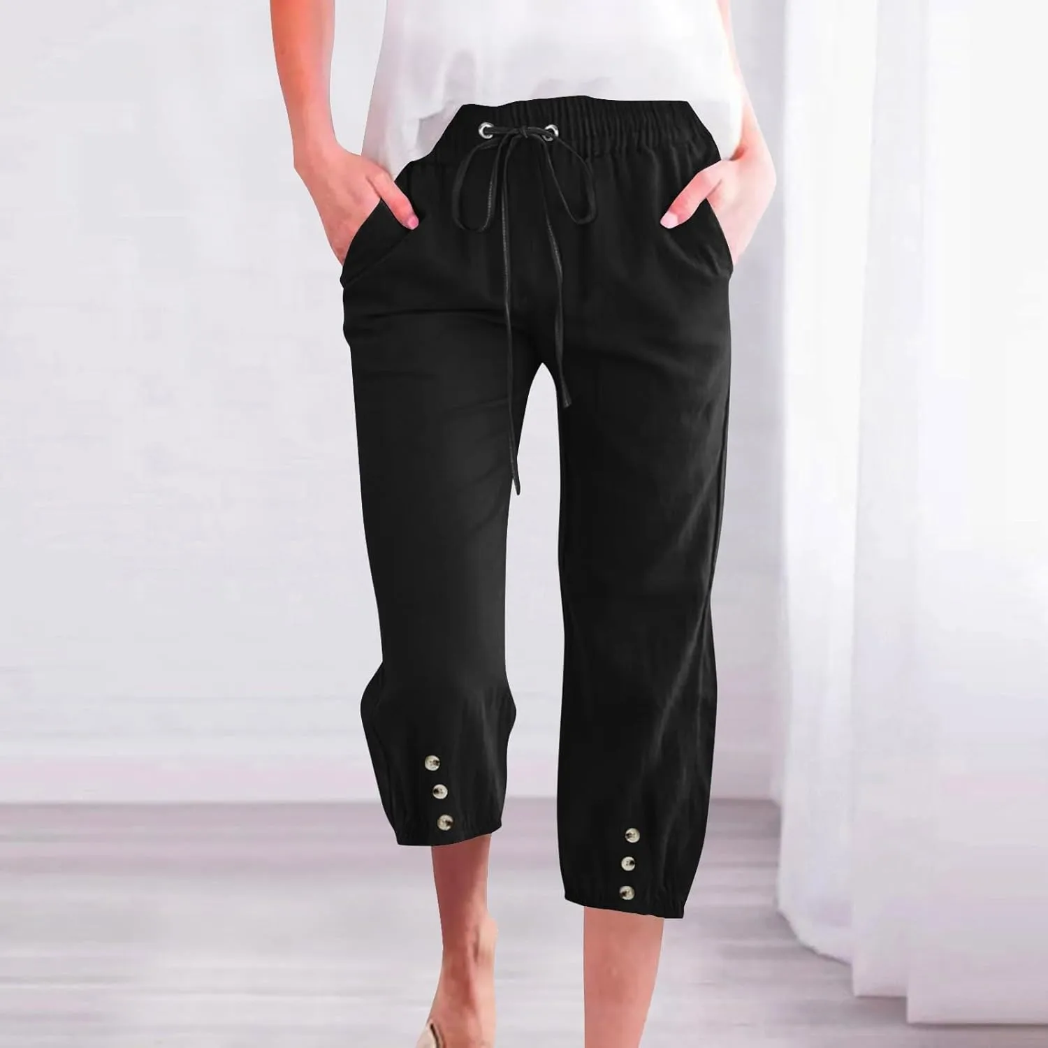 Linen Trousers for Women Beach Vacation Outfits 2025 Drawstring Pants with Pockets Button Decorations Flowy Solid Sweatpants