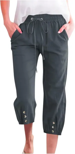 Linen Trousers for Women Beach Vacation Outfits 2025 Drawstring Pants with Pockets Button Decorations Flowy Solid Sweatpants