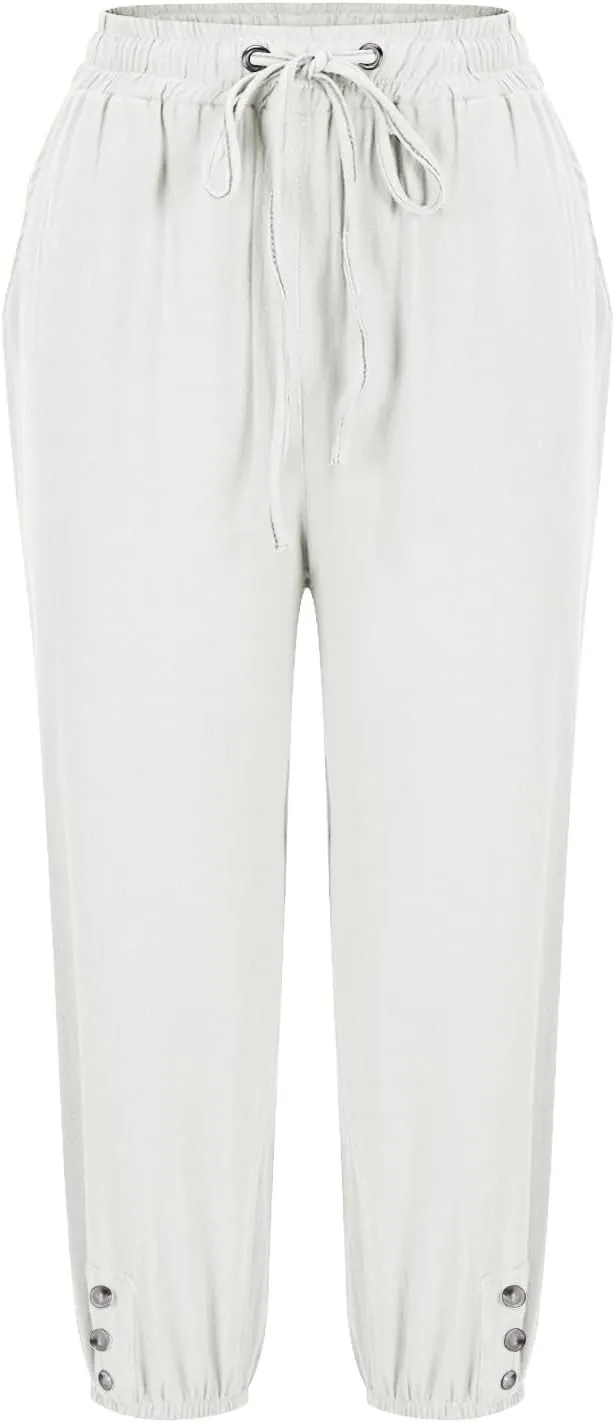 Linen Trousers for Women Beach Vacation Outfits 2025 Drawstring Pants with Pockets Button Decorations Flowy Solid Sweatpants