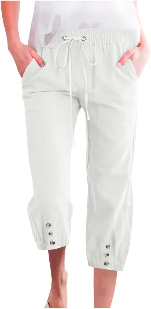 Linen Trousers for Women Beach Vacation Outfits 2025 Drawstring Pants with Pockets Button Decorations Flowy Solid Sweatpants