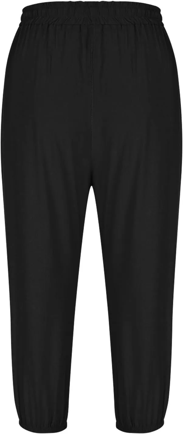 Linen Trousers for Women Beach Vacation Outfits 2025 Drawstring Pants with Pockets Button Decorations Flowy Solid Sweatpants