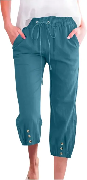 Linen Trousers for Women Beach Vacation Outfits 2025 Drawstring Pants with Pockets Button Decorations Flowy Solid Sweatpants