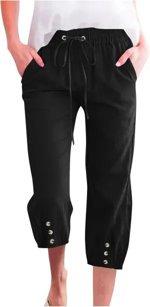 Linen Trousers for Women Beach Vacation Outfits 2025 Drawstring Pants with Pockets Button Decorations Flowy Solid Sweatpants