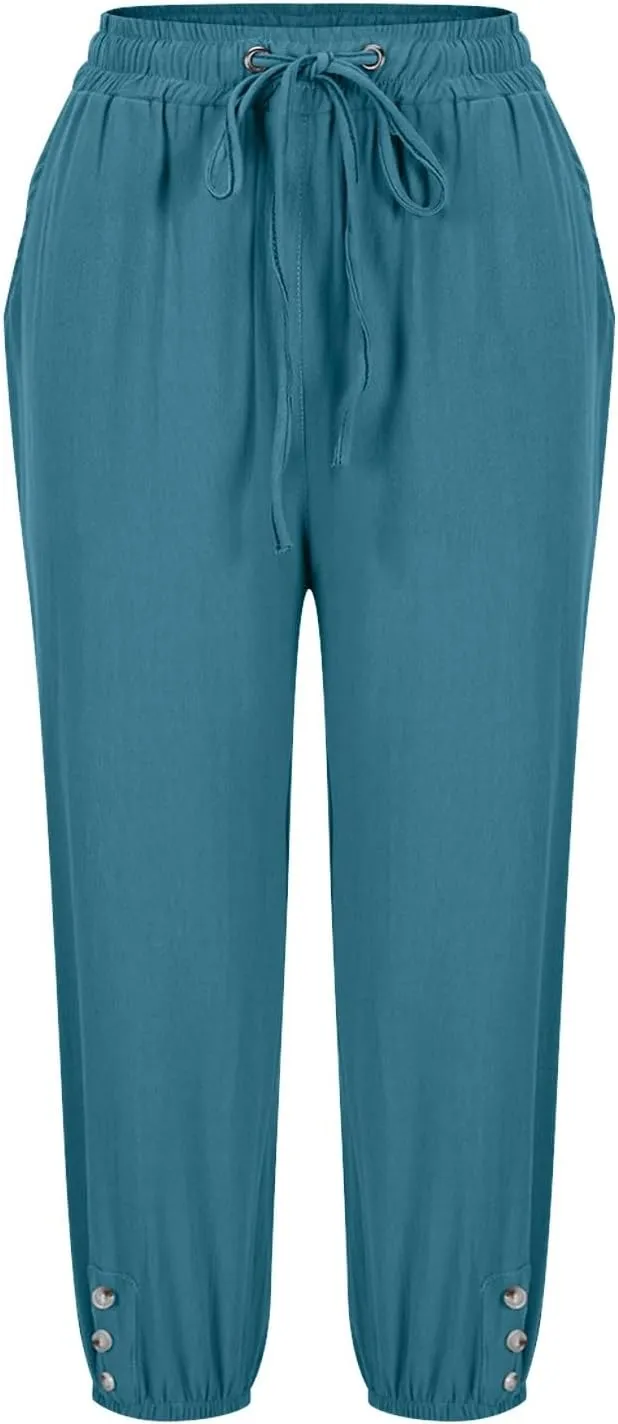 Linen Trousers for Women Beach Vacation Outfits 2025 Drawstring Pants with Pockets Button Decorations Flowy Solid Sweatpants
