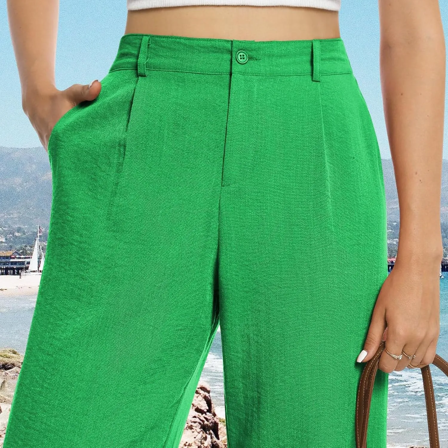 Linen Wide Leg Pants for Women High Waisted Palazzo Casual Lounge Beach Trousers Casual Elastic Waist Solid Jogger