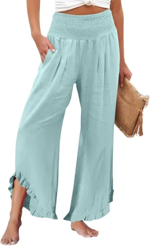 Linen Wide Leg Pants for Women Stretch Smocked High Waisted Ruffle Hem Palazzo Trousers Summer Casual Loose Beach Pants