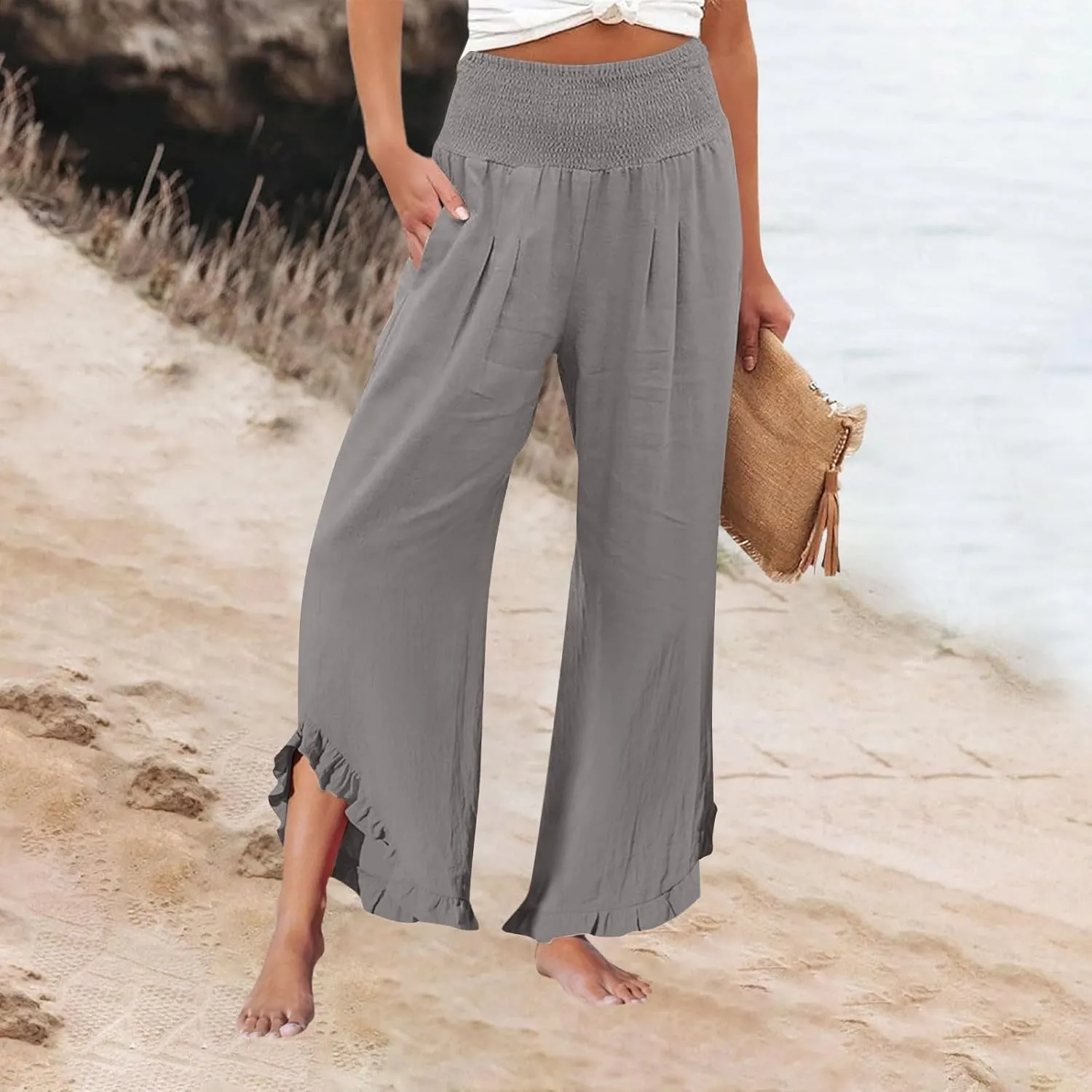 Linen Wide Leg Pants for Women Stretch Smocked High Waisted Ruffle Hem Palazzo Trousers Summer Casual Loose Beach Pants