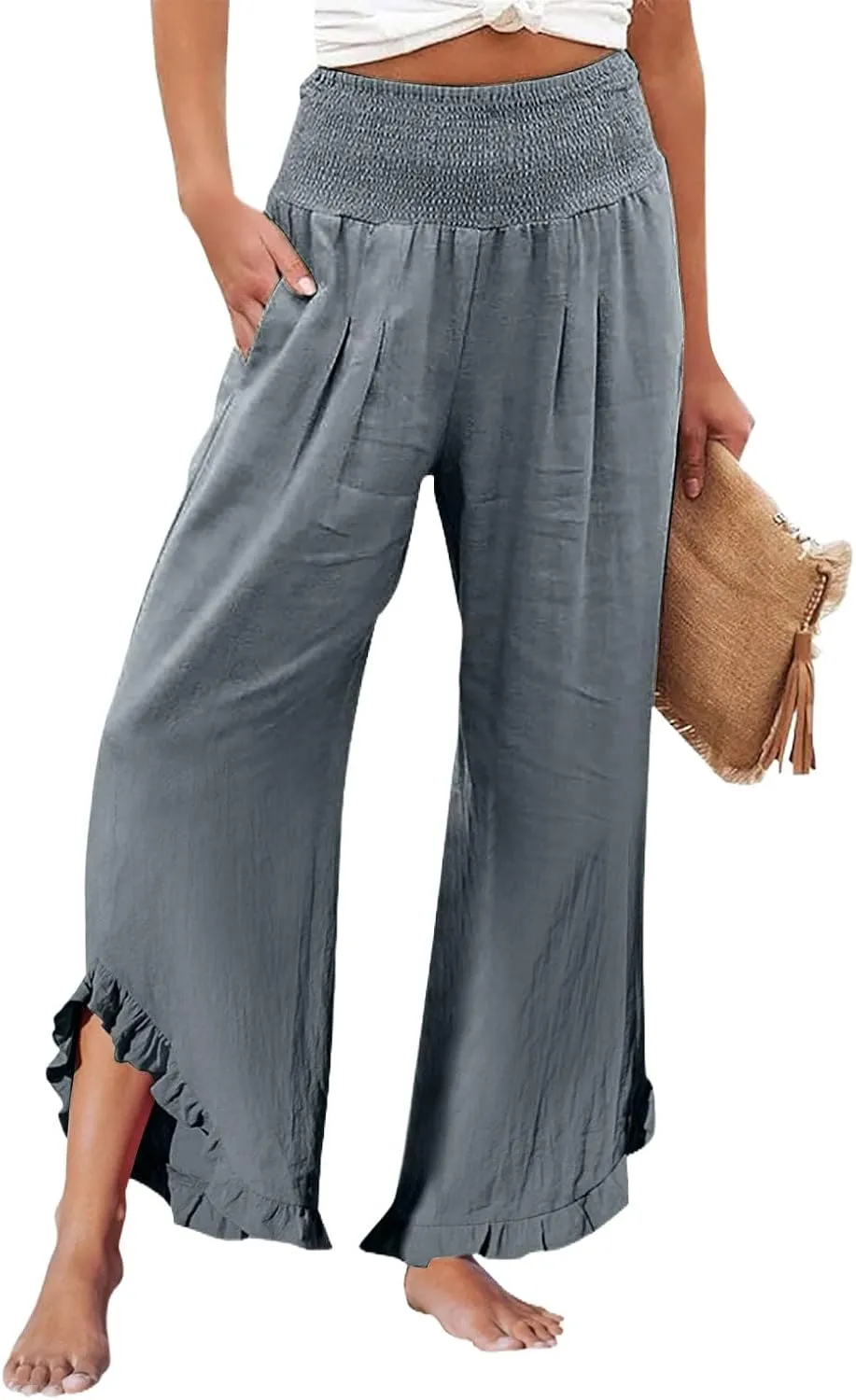 Linen Wide Leg Pants for Women Stretch Smocked High Waisted Ruffle Hem Palazzo Trousers Summer Casual Loose Beach Pants