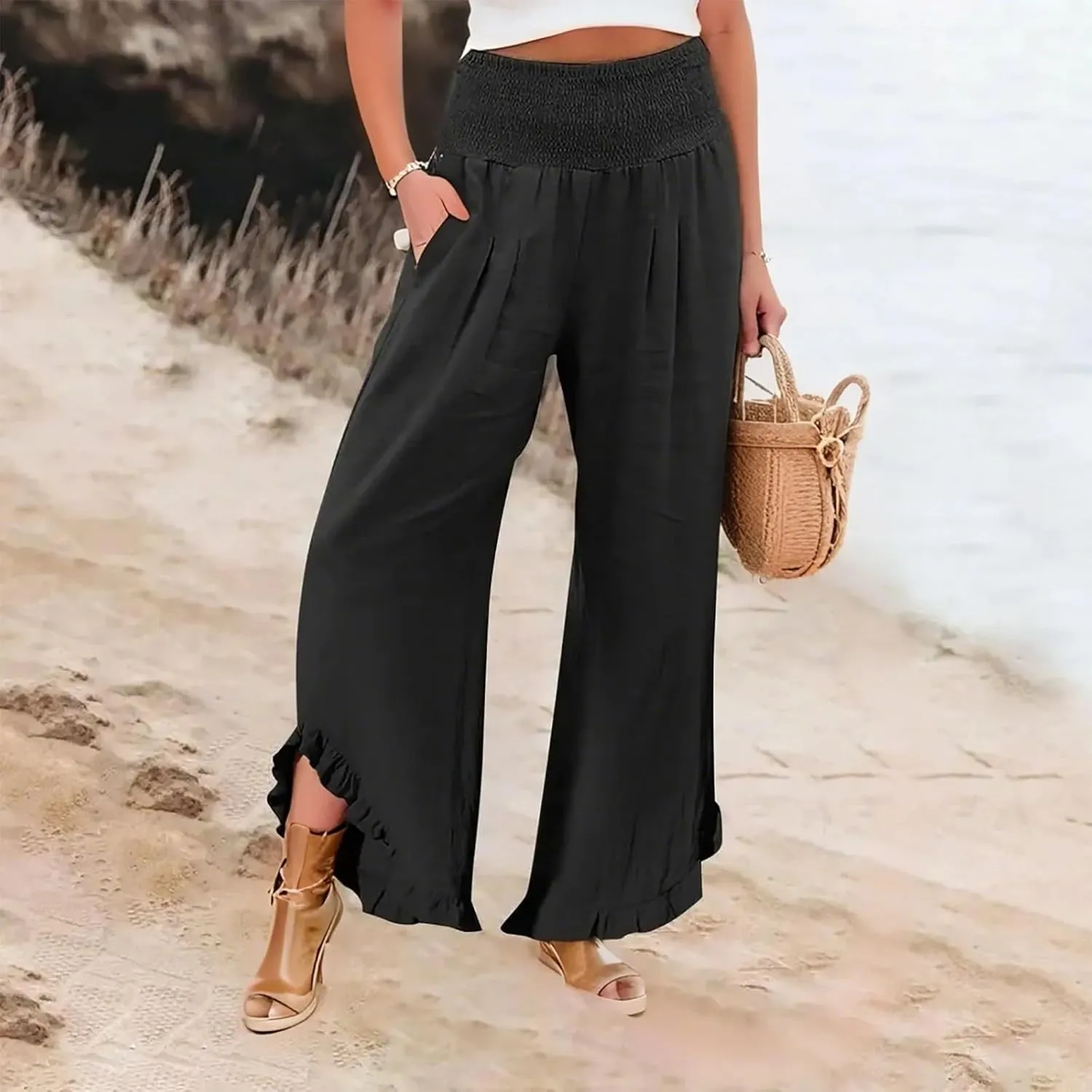Linen Wide Leg Pants for Women Stretch Smocked High Waisted Ruffle Hem Palazzo Trousers Summer Casual Loose Beach Pants