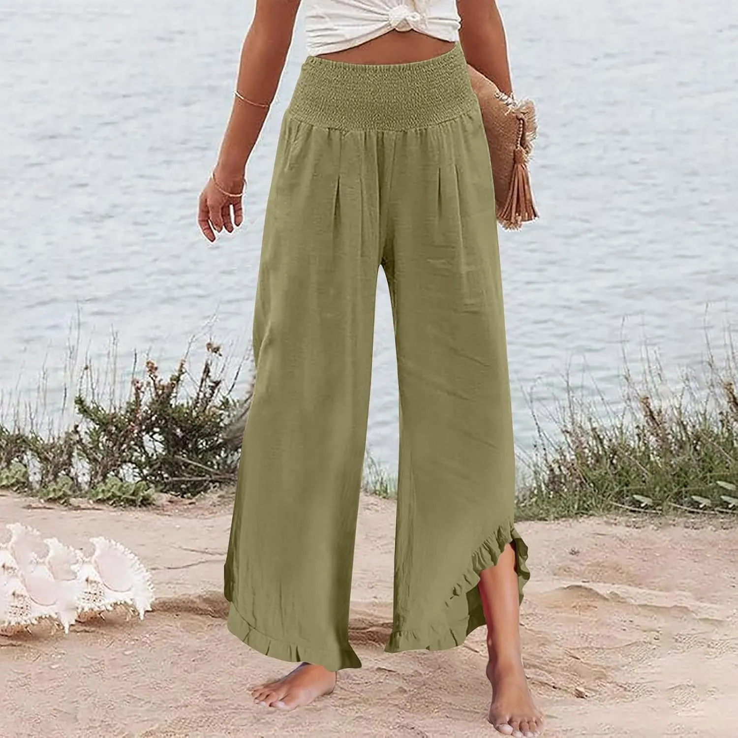 Linen Wide Leg Pants for Women Stretch Smocked High Waisted Ruffle Hem Palazzo Trousers Summer Casual Loose Beach Pants