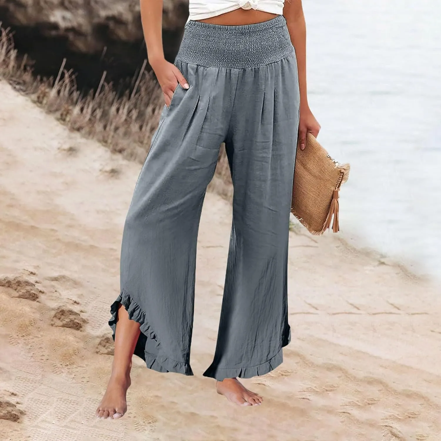Linen Wide Leg Pants for Women Stretch Smocked High Waisted Ruffle Hem Palazzo Trousers Summer Casual Loose Beach Pants